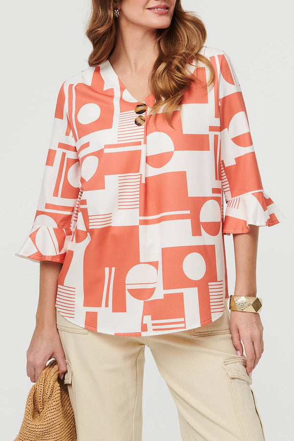 Abstract 3/4 Flare Sleeve Relaxed Blouse| MULTI ORANGE