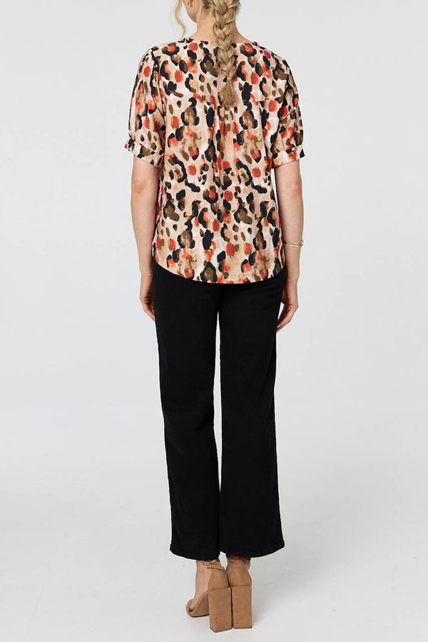 Animal Print 1/2 Sleeve Blouse Top| MULTI ORANGE