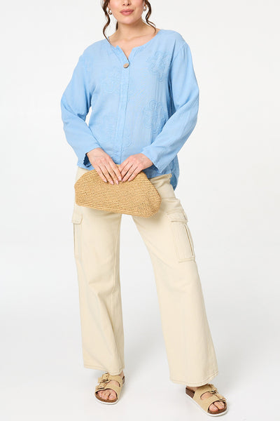 Floral Embroidered Long Sleeve Blouse| LIGHT BLUE