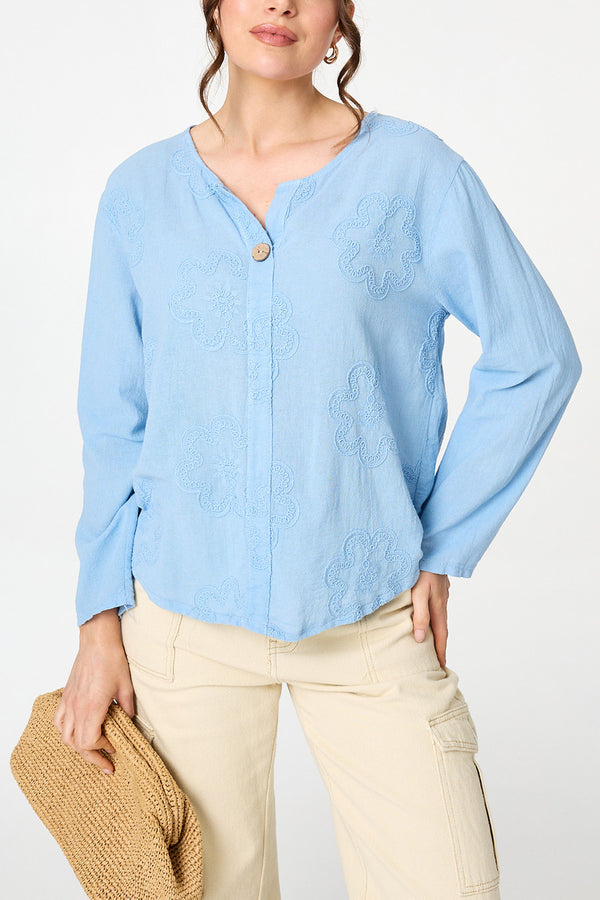 Floral Embroidered Long Sleeve Blouse| LIGHT BLUE