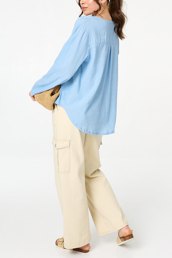 Floral Embroidered Long Sleeve Blouse| LIGHT BLUE
