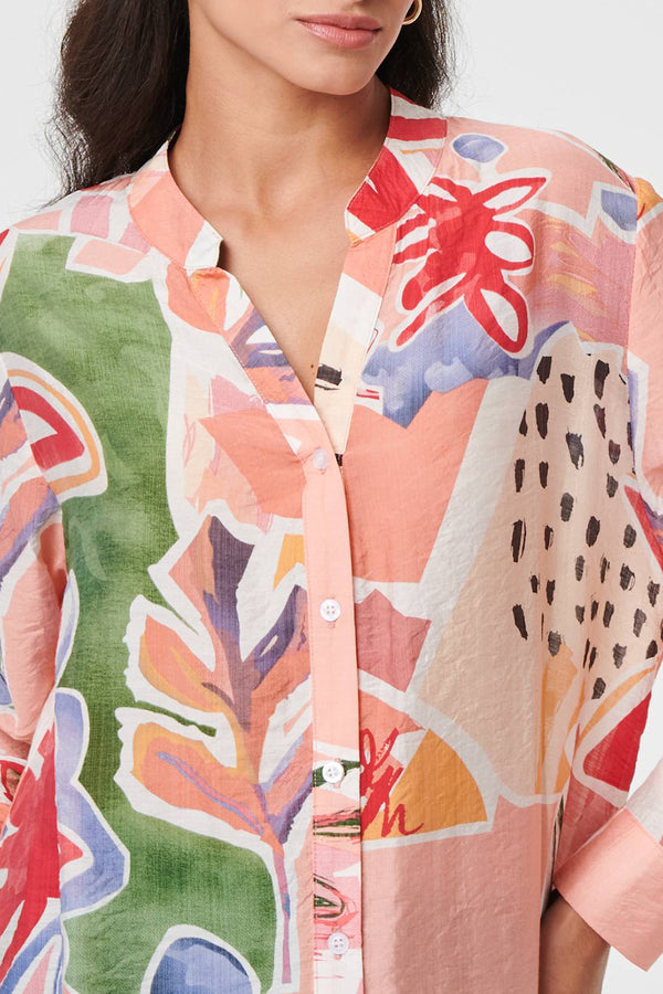 PINK | Abstract Print V-Neck Longline Blouse