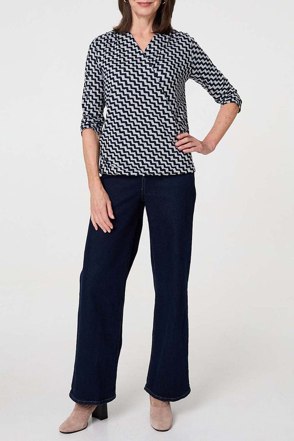 NAVY | Chevron Print 3/4 Sleeve Wrap Top