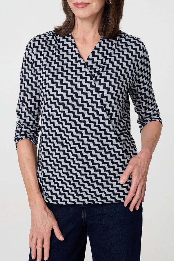 NAVY | Chevron Print 3/4 Sleeve Wrap Top
