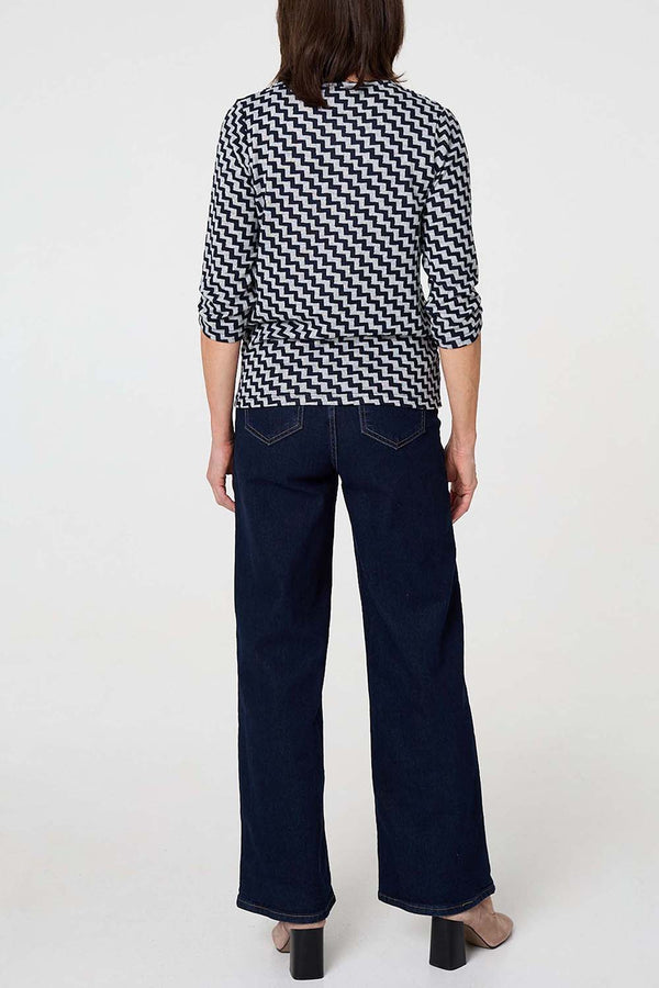 NAVY | Chevron Print 3/4 Sleeve Wrap Top