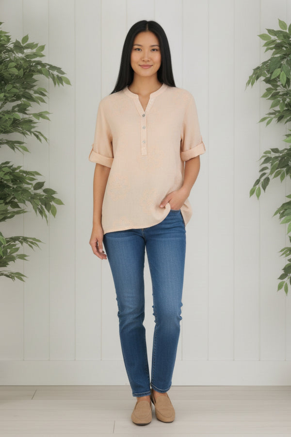 Embroidered Floral Turn-Up Sleeve Blouse| BEIGE