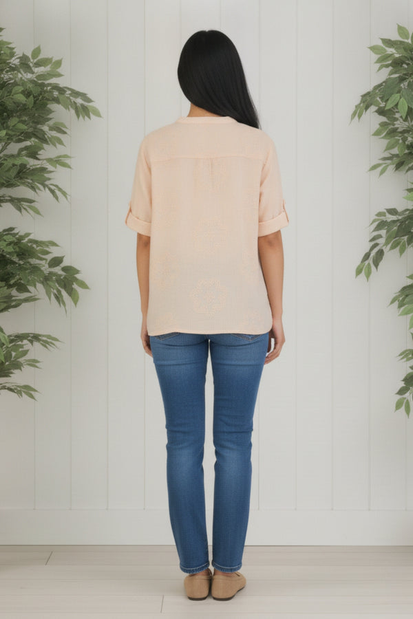 Embroidered Floral Turn-Up Sleeve Blouse| BEIGE