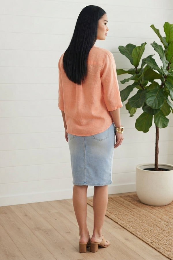 Relaxed Button Front 3/4 Sleeve Blouse| CORAL