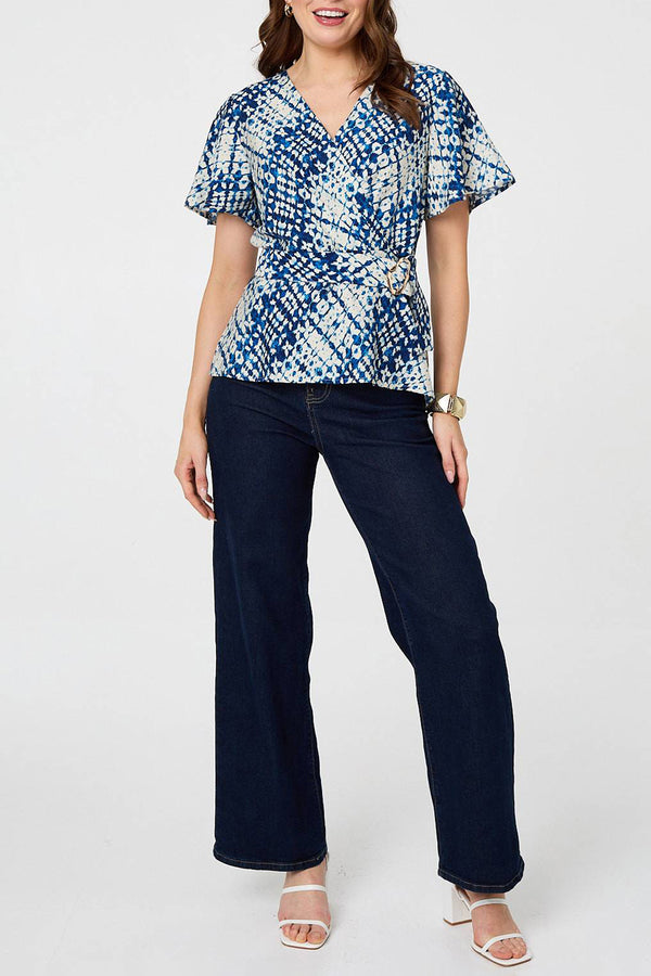 Tie Dye Print Belt Detail Wrap Top| MULTI BLUE