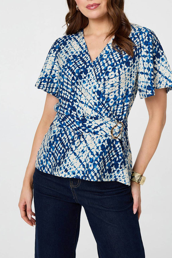 Tie Dye Print Belt Detail Wrap Top| MULTI BLUE