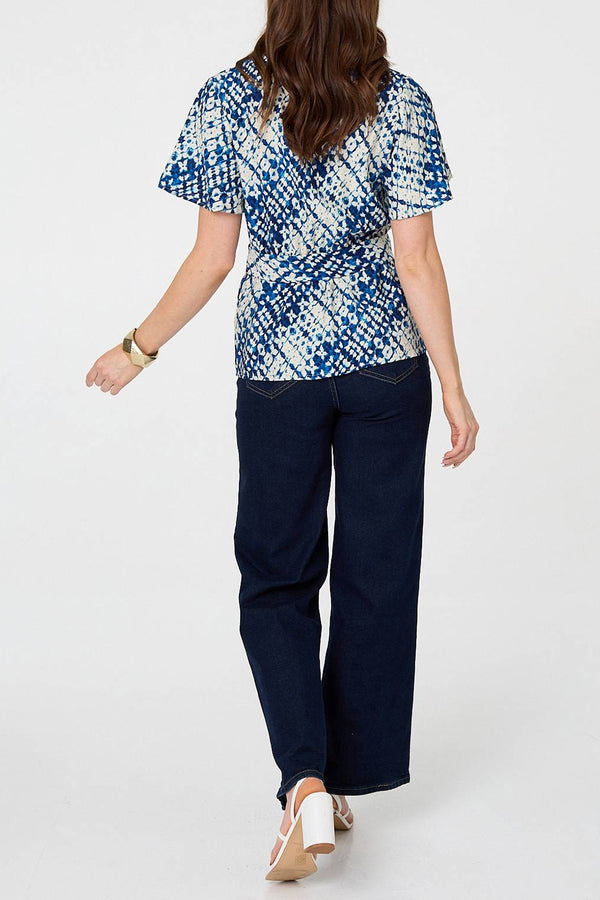Tie Dye Print Belt Detail Wrap Top| MULTI BLUE