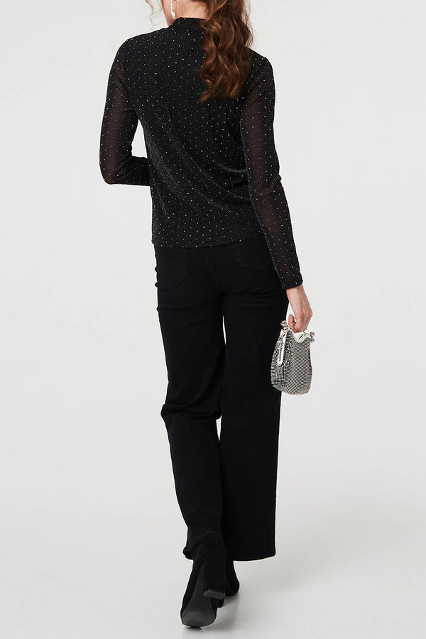 BLACK | Sparkly Semi Sheer Long Sleeve Top