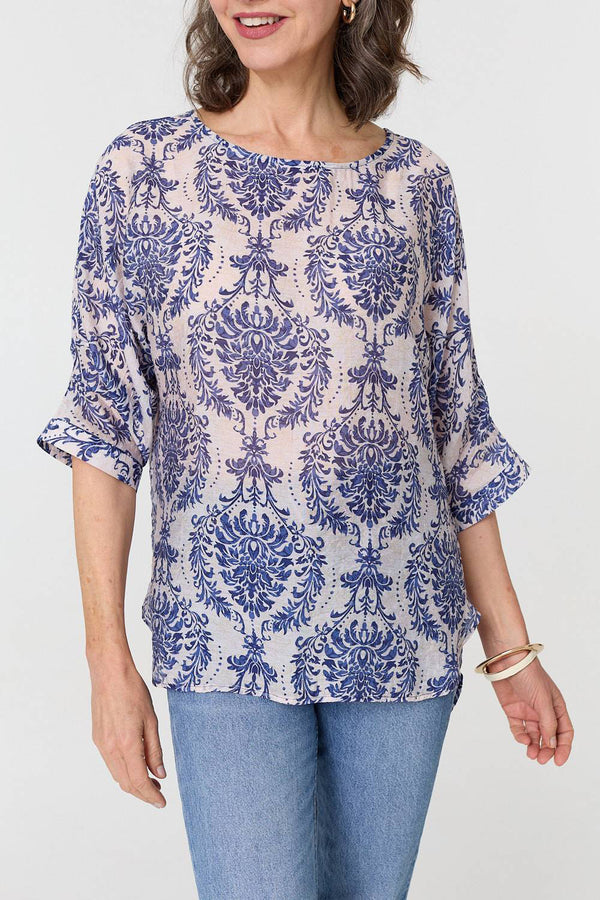 BLUE | Ikat Print 3/4 Sleeve Relaxed Blouse
