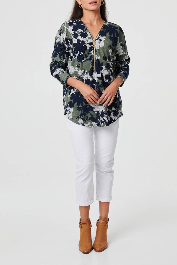 GREEN | Leaf Print Zip Front Relaxed Jumper