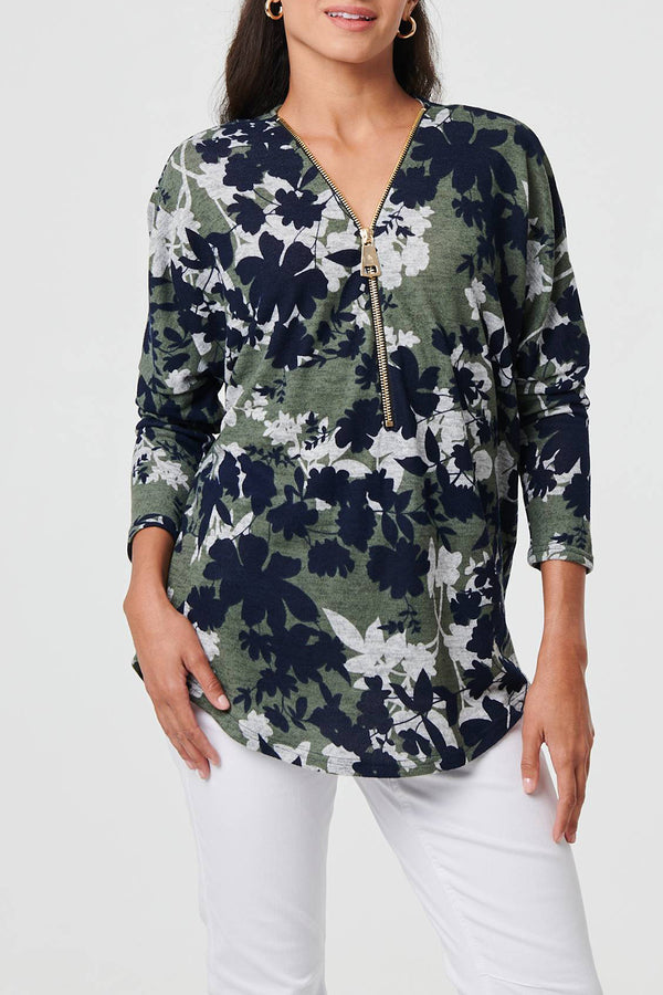 GREEN | Leaf Print Zip Front Relaxed Jumper