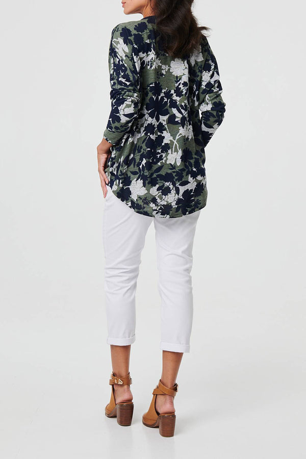 GREEN | Leaf Print Zip Front Relaxed Jumper