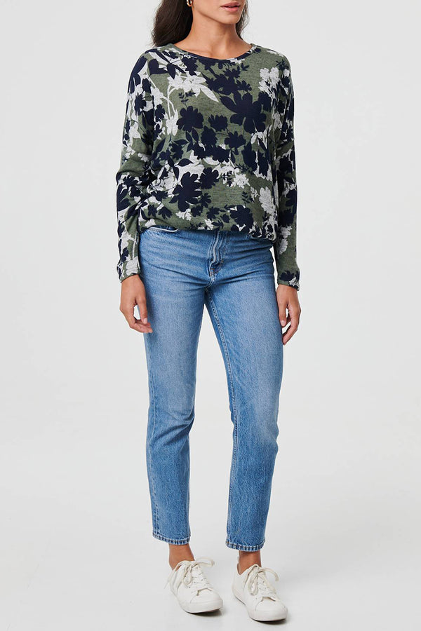 GREEN | Leaf Print Round Neck Relaxed Jumper
