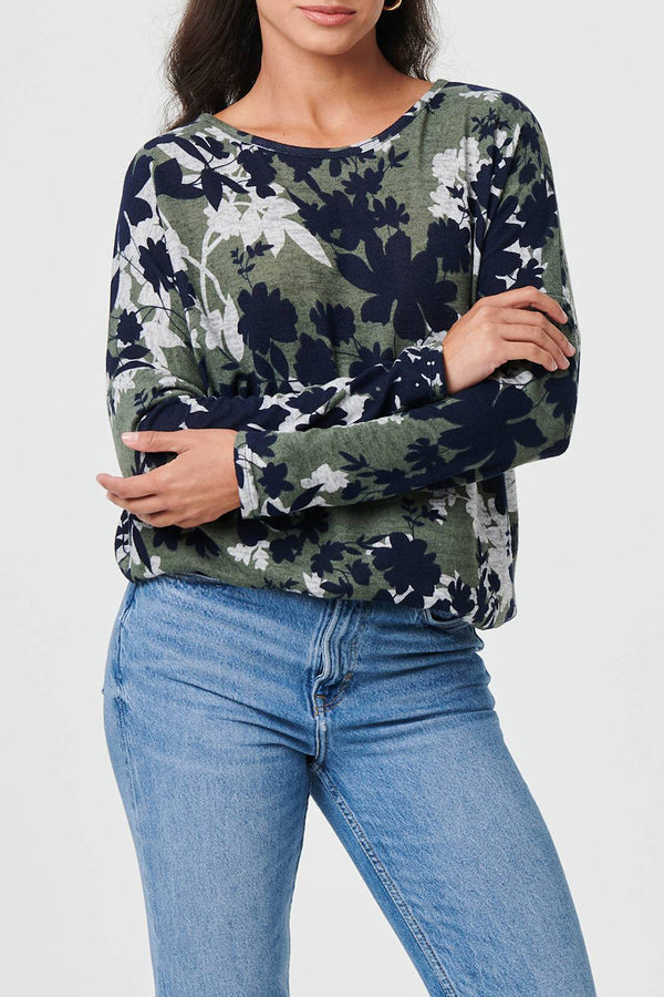 GREEN | Leaf Print Round Neck Relaxed Jumper