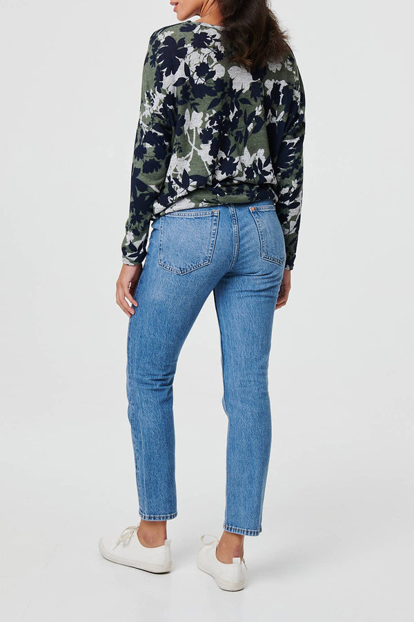 GREEN | Leaf Print Round Neck Relaxed Jumper