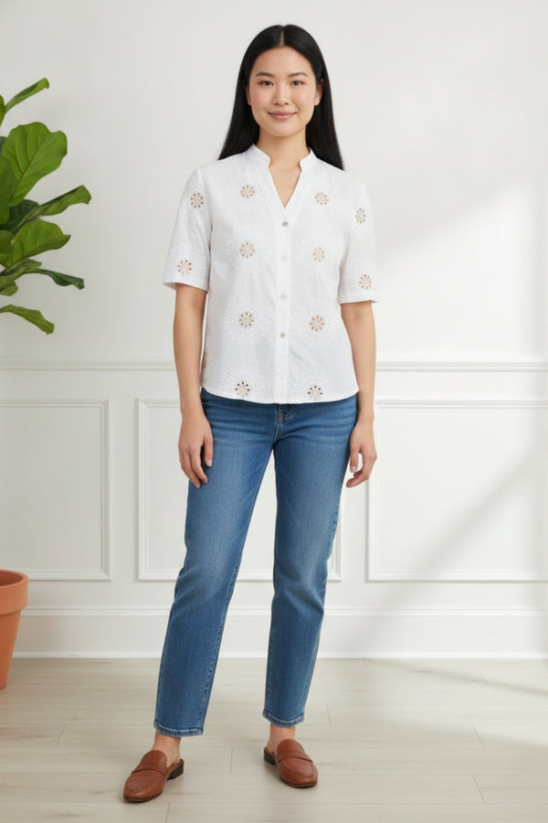 Floral Embroidered 1/2 Sleeve Shirt| WHITE