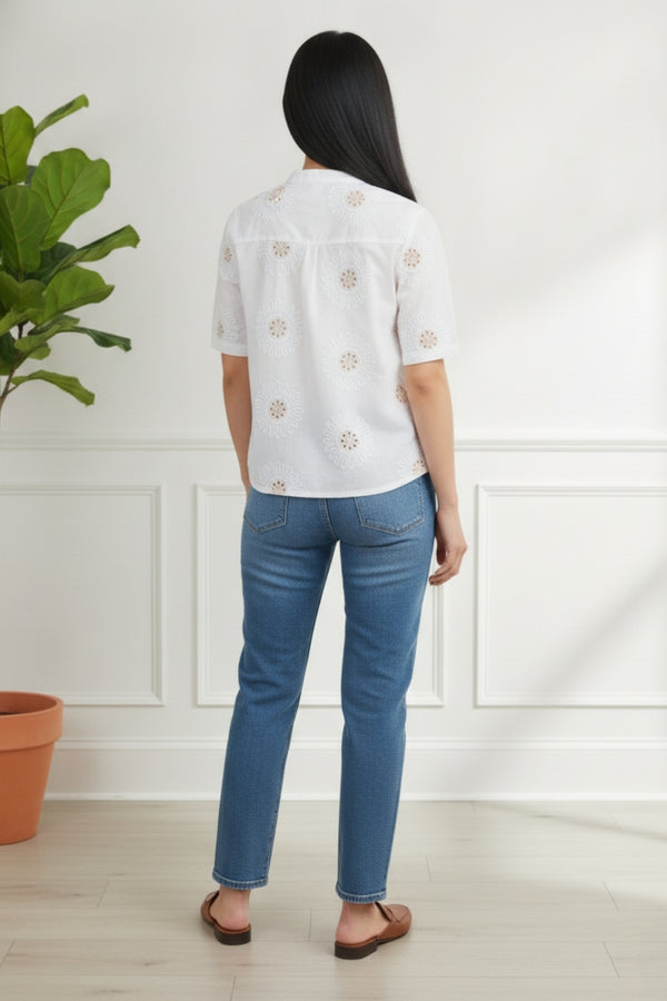 Floral Embroidered 1/2 Sleeve Shirt| WHITE