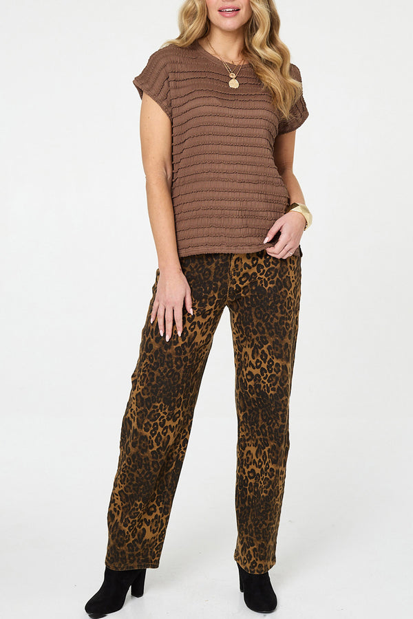 Ruffled Texture Short Sleeve Top| BROWN