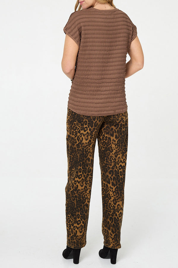 Ruffled Texture Short Sleeve Top| BROWN