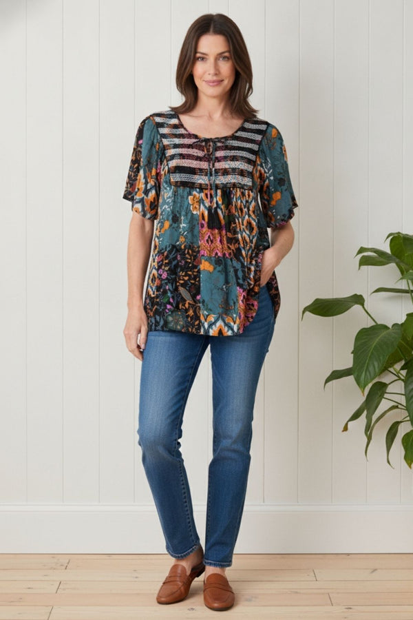 Floral 1/2 Sleeve Relaxed Smock Top | MULTI_TEAL