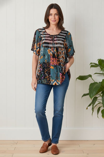 Floral 1/2 Sleeve Relaxed Smock Top | MULTI_TEAL