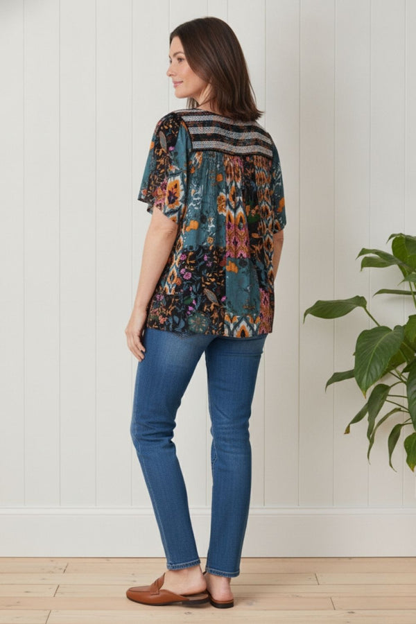 Floral 1/2 Sleeve Relaxed Smock Top | MULTI_TEAL