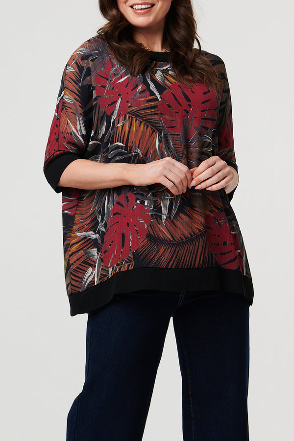 MULTI BLACK /Leaf Print 3/4 Sleeve Relaxed Tunic Top