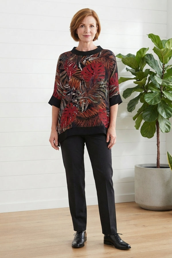Leaf Print 3/4 Sleeve Relaxed Tunic Top| MULTI BLACK