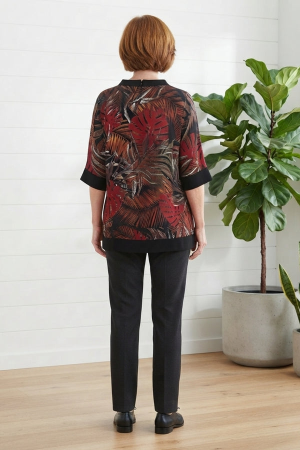 Leaf Print 3/4 Sleeve Relaxed Tunic Top| MULTI BLACK