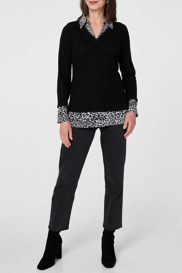 BLACK | Animal Print Knit Layered Shirt