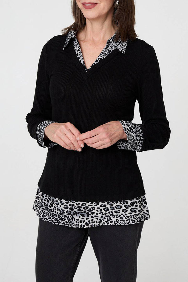 BLACK | Animal Print Knit Layered Shirt
