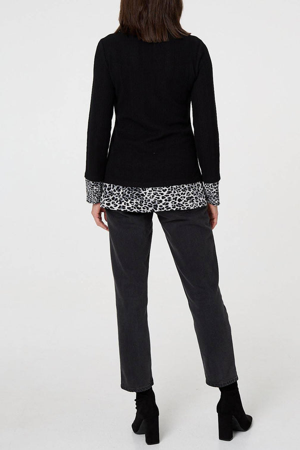 BLACK | Animal Print Knit Layered Shirt