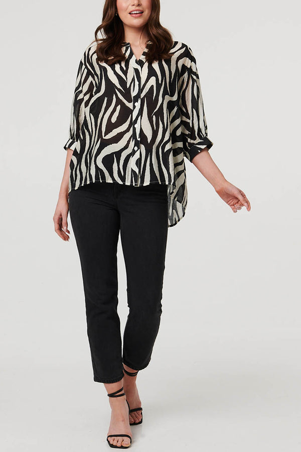 Zebra Print 3/4 Sleeve Curve Hem Blouse| BLACK