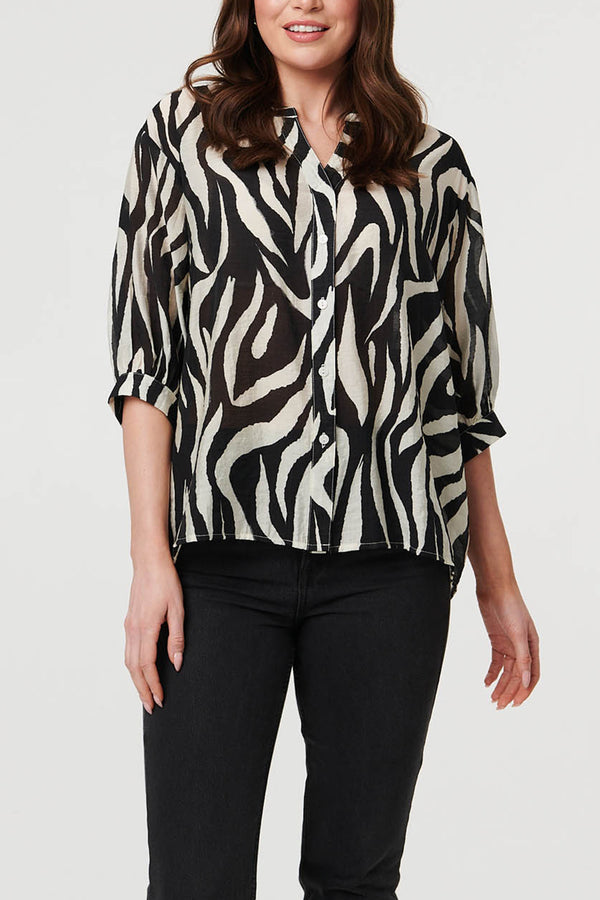 Zebra Print 3/4 Sleeve Curve Hem Blouse| BLACK