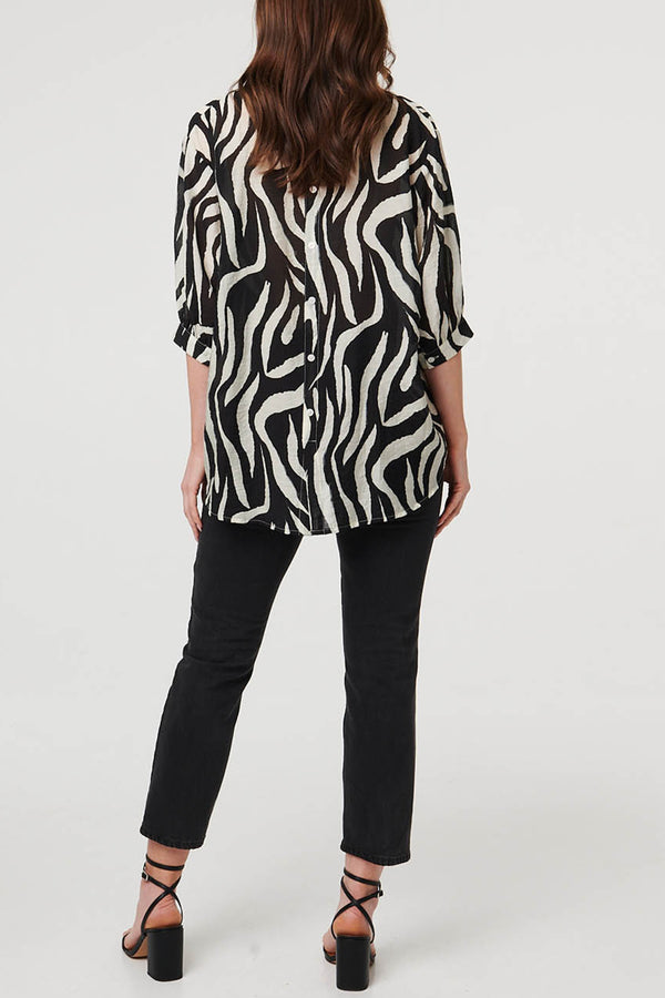 Zebra Print 3/4 Sleeve Curve Hem Blouse| BLACK