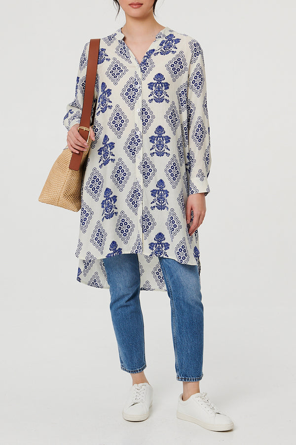MULTI BLUE / Printed Long Sleeve Knee Length Shirt Dress
