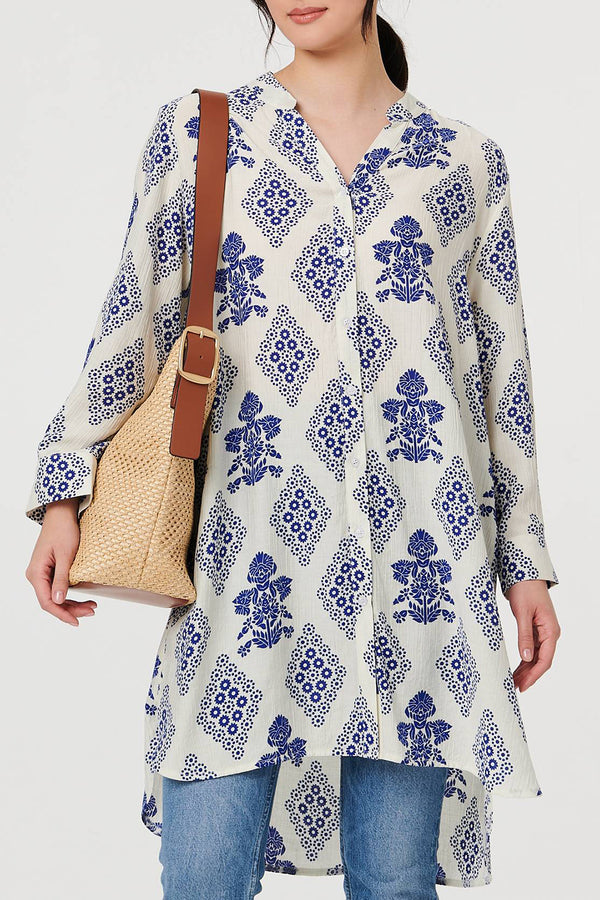 MULTI BLUE / Printed Long Sleeve Knee Length Shirt Dress