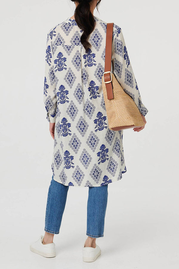 MULTI BLUE / Printed Long Sleeve Knee Length Shirt Dress
