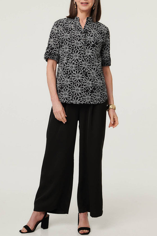 Floral Print 3/4 Sleeve Relaxed Blouse| BLACK