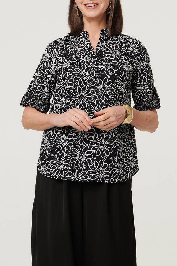 Floral Print 3/4 Sleeve Relaxed Blouse| BLACK