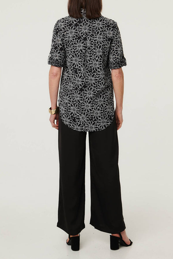 Floral Print 3/4 Sleeve Relaxed Blouse| BLACK
