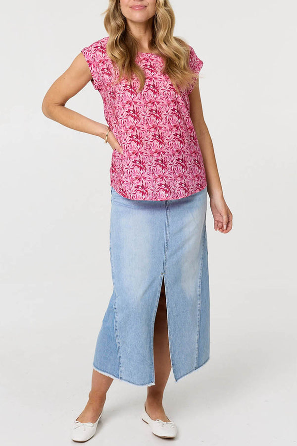 Printed Cap Sleeve Slim Top| PINK