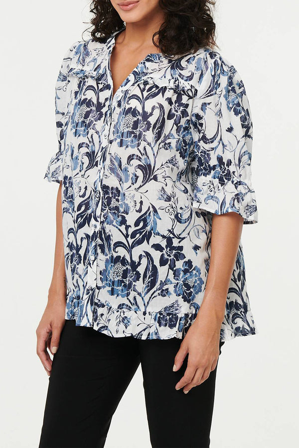 MULTI NAVY | Floral Frill 1/2 Sleeve Relaxed Shirt