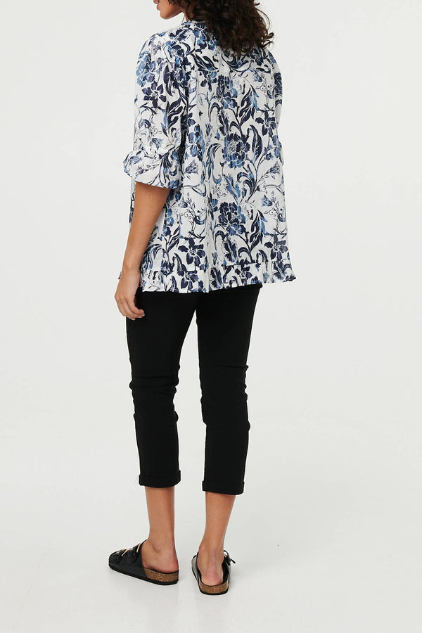 MULTI NAVY | Floral Frill 1/2 Sleeve Relaxed Shirt