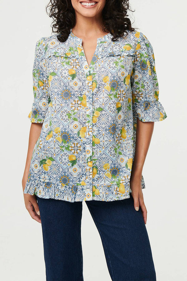 MULTI BLUE | Mosaic Print 1/2 Sleeve Frill Trim Shirt