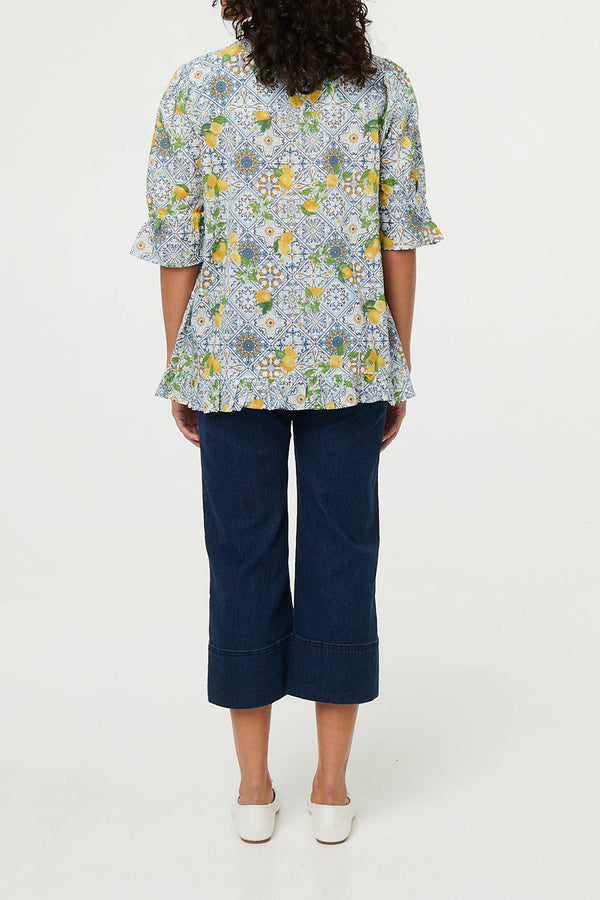 MULTI BLUE | Mosaic Print 1/2 Sleeve Frill Trim Shirt